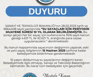 10 Yılını Doldurmuş Su Sayaçlarının Değişimi Hakkında Duyuru