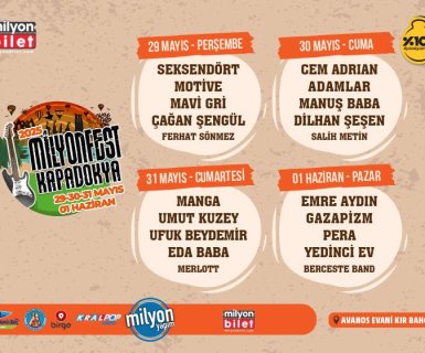 Milyonfest Kapadokya Avanos Belediyesi Evani Kır Bahçesi'nde müzikseverlerle buluşuyor.