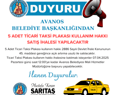 5 ADET TİCARİ TAKSİ PLAKASI KULLANIM HAKKI SATIŞ İHALESİ YAPILACAKTIR