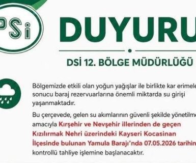 DUYURU: Kızılırmak Nehri üzerindeki Yamula Barajı’nda, 07.05.2026 tarihinde kapakların açılması suretiyle kontrollü su tahliyesi yapılacaktır.
