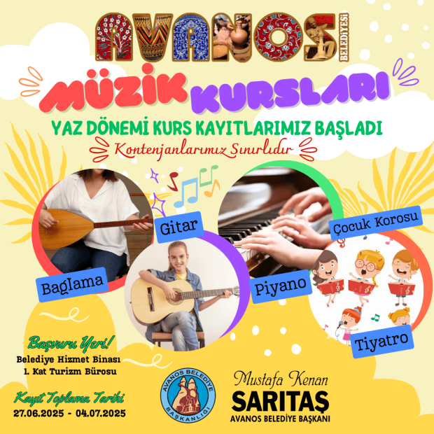 Belediyemizin kültür ve sanat etkinlikleri kapsamında, yaz dönemini kapsayan bağlama, gitar, piyano, çocuk korosu ve çocuk tiyatrosu kurs kayıtları başlamıştır.