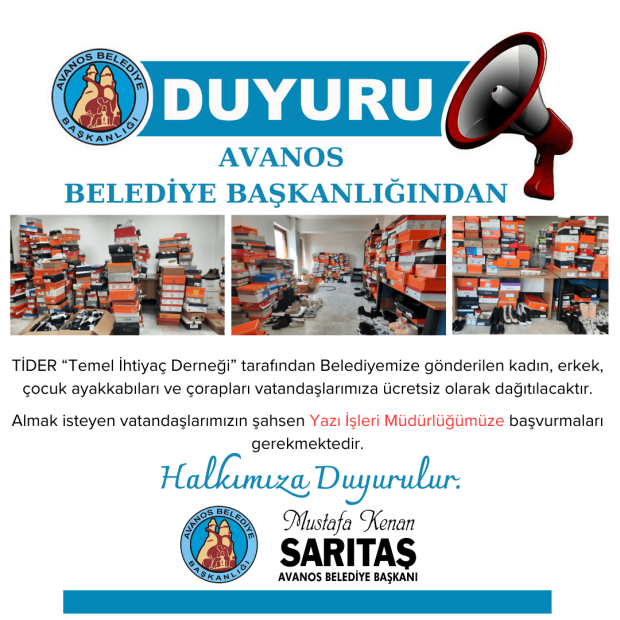 TİDER “Temel İhtiyaç Derneği” tarafından Belediyemize gönderilen kadın, erkek, çocuk ayakkabıları ve çorapları vatandaşlarımıza ücretsiz olarak dağıtılacaktır.