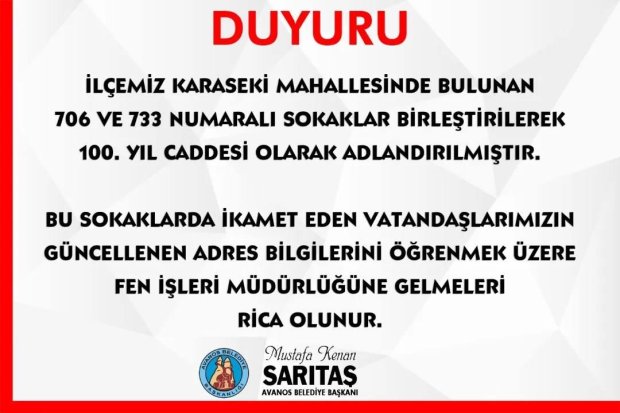 706 ve 733. Sokaklarda Adres Güncellemesi