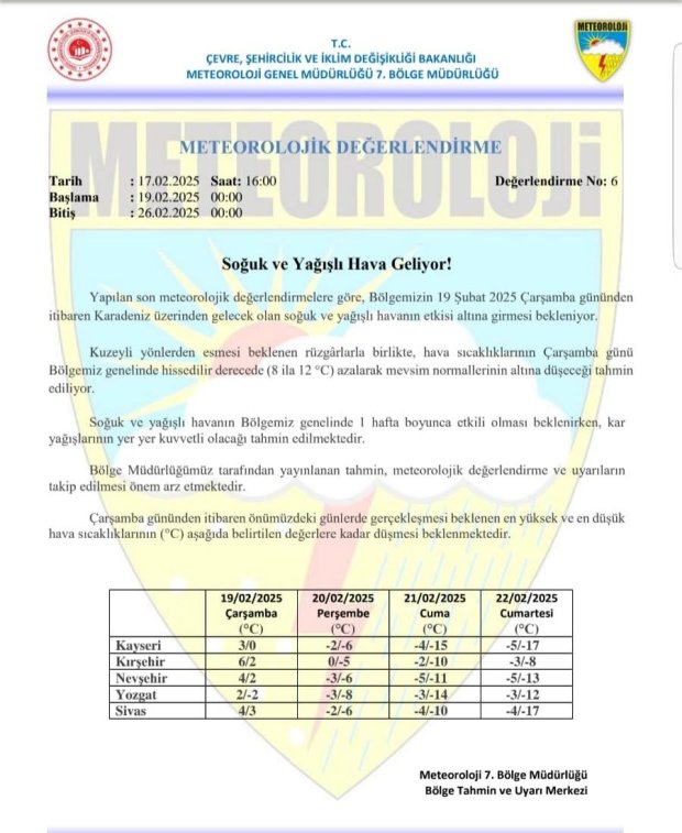 Meteoroloji Genel Müdürlüğü, 7. Bölge Müdürlüğünden Soğuk ve Yağışlı Hava Uyarısı!