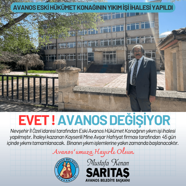 Avanos Eski Hükümet Konağının Yıkım İşi İhalesi Yapıldı Nevşehir İl Özel idaresi tarafından Eski Avanos Hükümet Konağının yıkım işi ihalesi yapılmıştır.