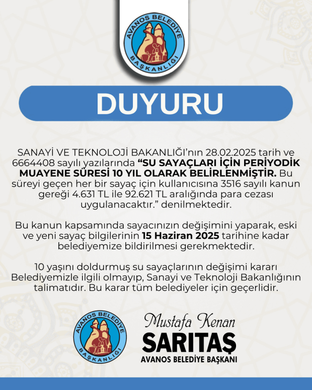 10 Yılını Doldurmuş Su Sayaçlarının Değişimi Hakkında Duyuru
