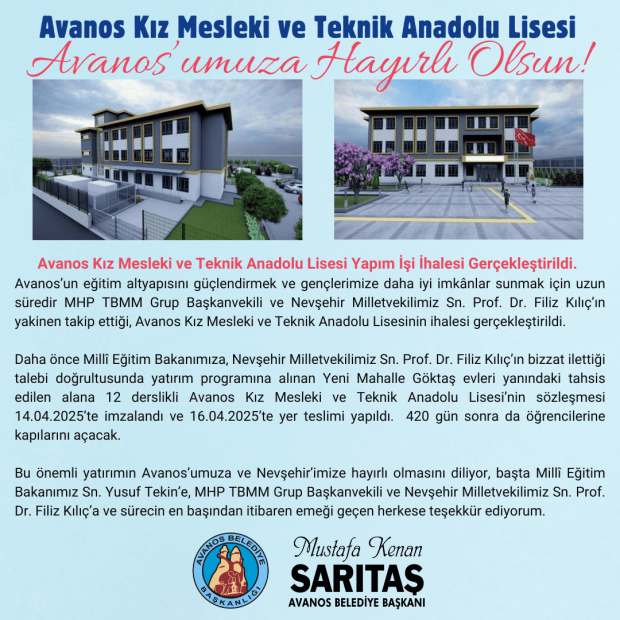 Avanos Kız Mesleki ve Teknik Anadolu Lisesi Yapım İşi ihalesi Gerçekleştirildi.