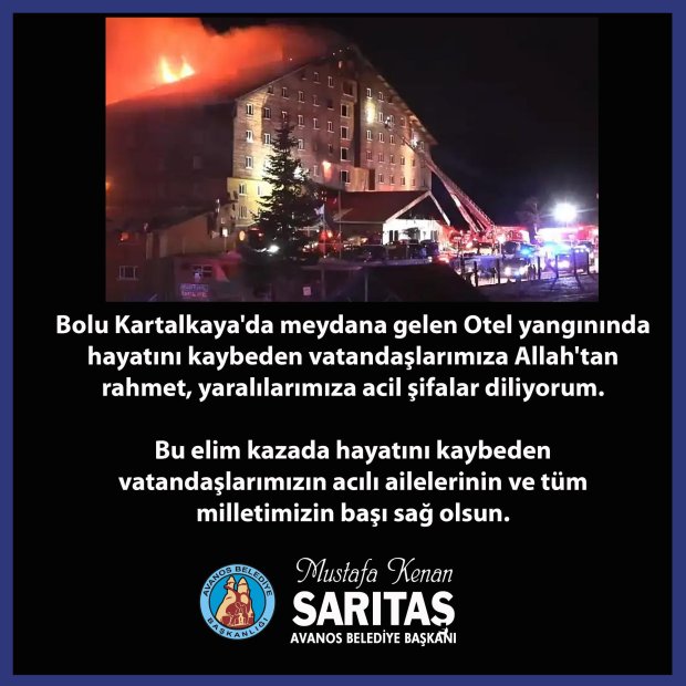 Bolu Kartalkaya'da meydana gelen Otel yangınında hayatını kaybeden vatandaşlarımıza Allah'tan rahmet, yaralılarımıza acil şifalar diliyorum.