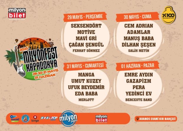 Milyonfest Kapadokya Avanos Belediyesi Evani Kır Bahçesi'nde müzikseverlerle buluşuyor.