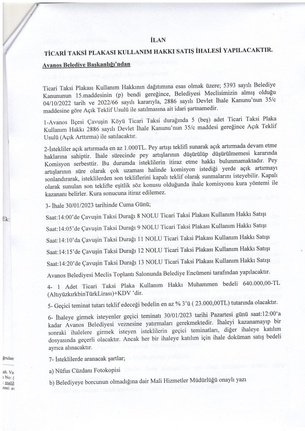 TİCARİ TAKSİ PLAKASI KULLANIM HAKKI SATIŞ İHALESİ