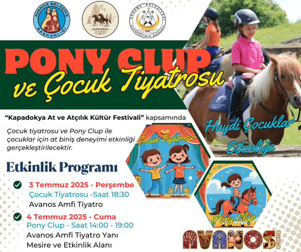 “Kapadokya At ve Atçılık Kültür Festivali” kapsamında Çocuk tiyatrosu ve Pony Clup ile çocuklar için at biniş deneyimi etkinliği gerçekleştirilecektir.