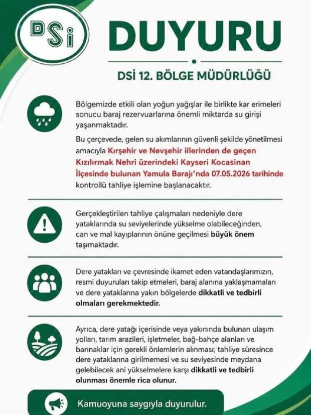 DUYURU: Kızılırmak Nehri üzerindeki Yamula Barajı’nda, 07.05.2026 tarihinde kapakların açılması suretiyle kontrollü su tahliyesi yapılacaktır.