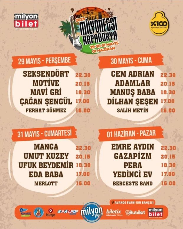 Milyonfest Kapadokya Avanos Belediyesi Evani Kır Bahçesi'nde müzikseverlerle buluşuyor.