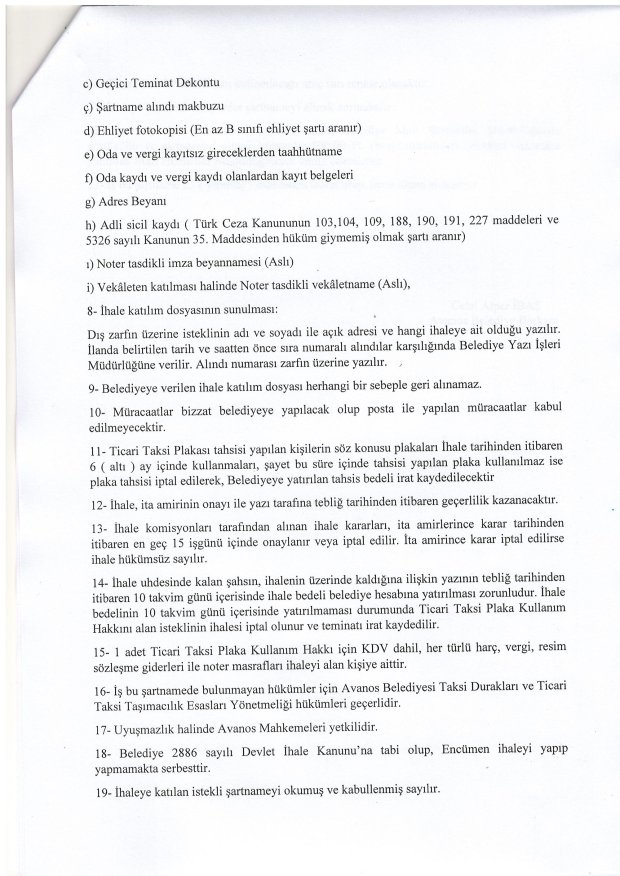 TİCARİ TAKSİ PLAKASI KULLANIM HAKKI SATIŞ İHALESİ
