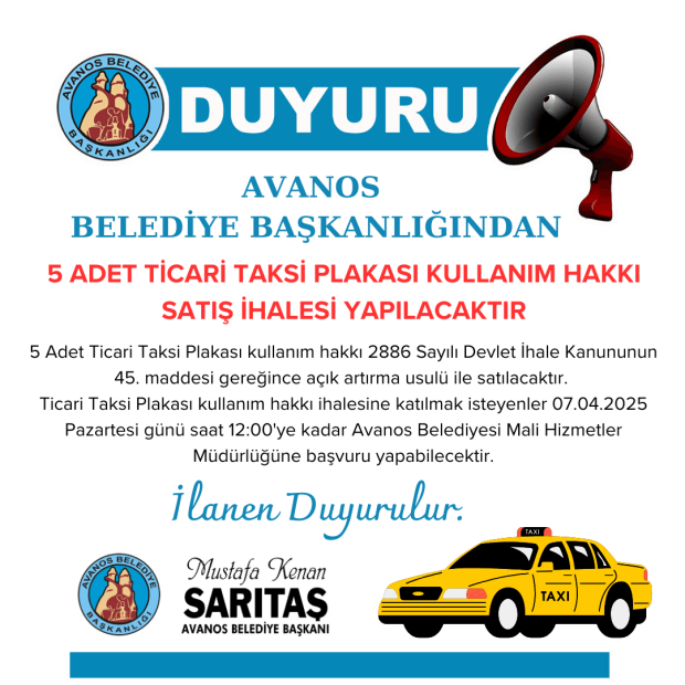 5 ADET TİCARİ TAKSİ PLAKASI KULLANIM HAKKI SATIŞ İHALESİ YAPILACAKTIR